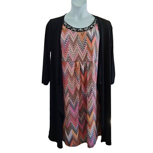 Notations 2X Dress Black Layered Look Jacket Chevron Print Embellished Neckline - Picture 2 of 11